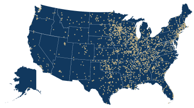 united states map with gold circles representing bank partners